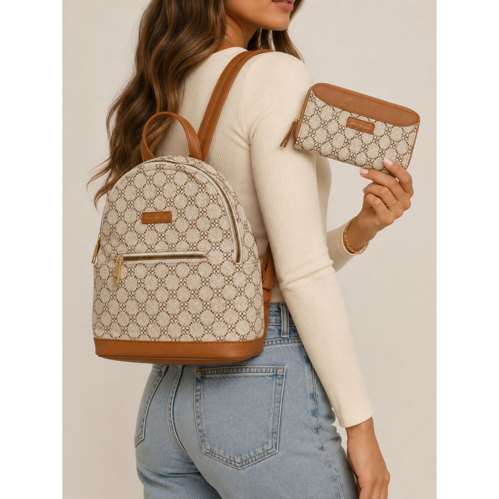 Amy Miller Backpack Wallet Set Cream Tan Floral Monogram Y2K 2 Piece Purse